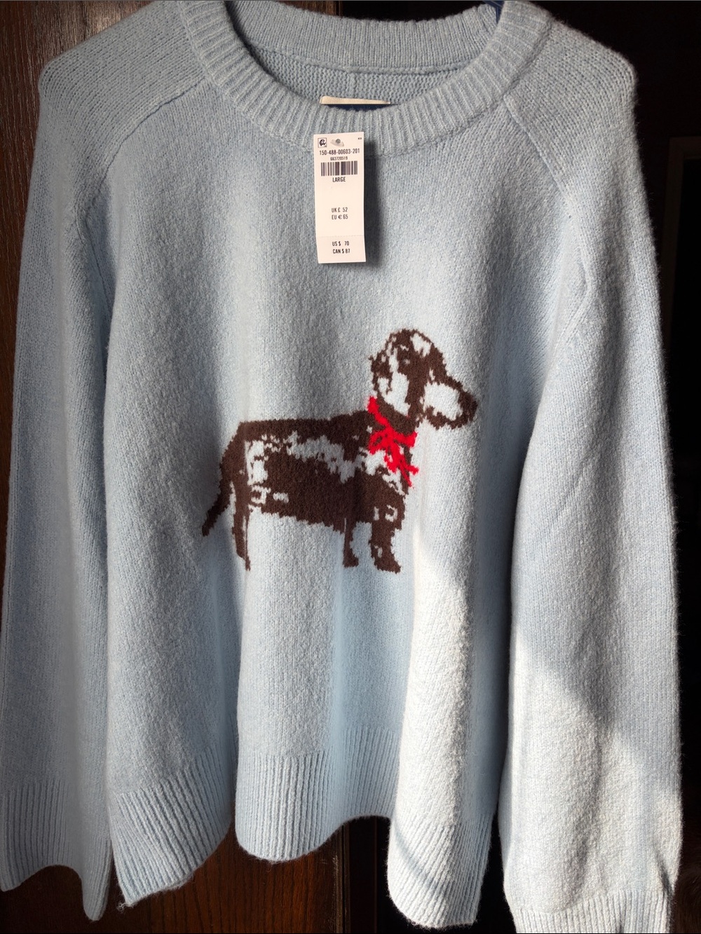 Abercrombie Light Blue Dog Intarsia Crewneck Sweater size L NWT